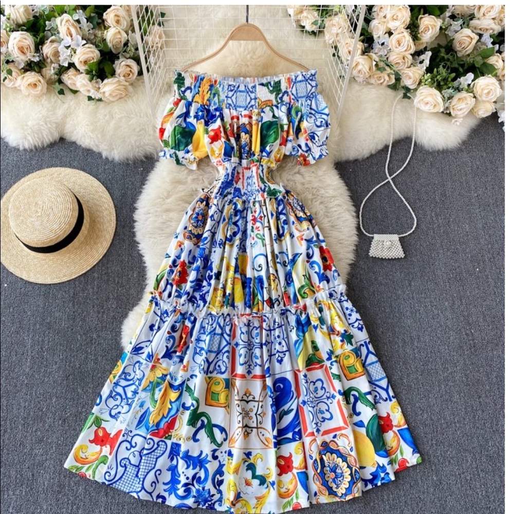 Off Shoulder Retro Printed Dress